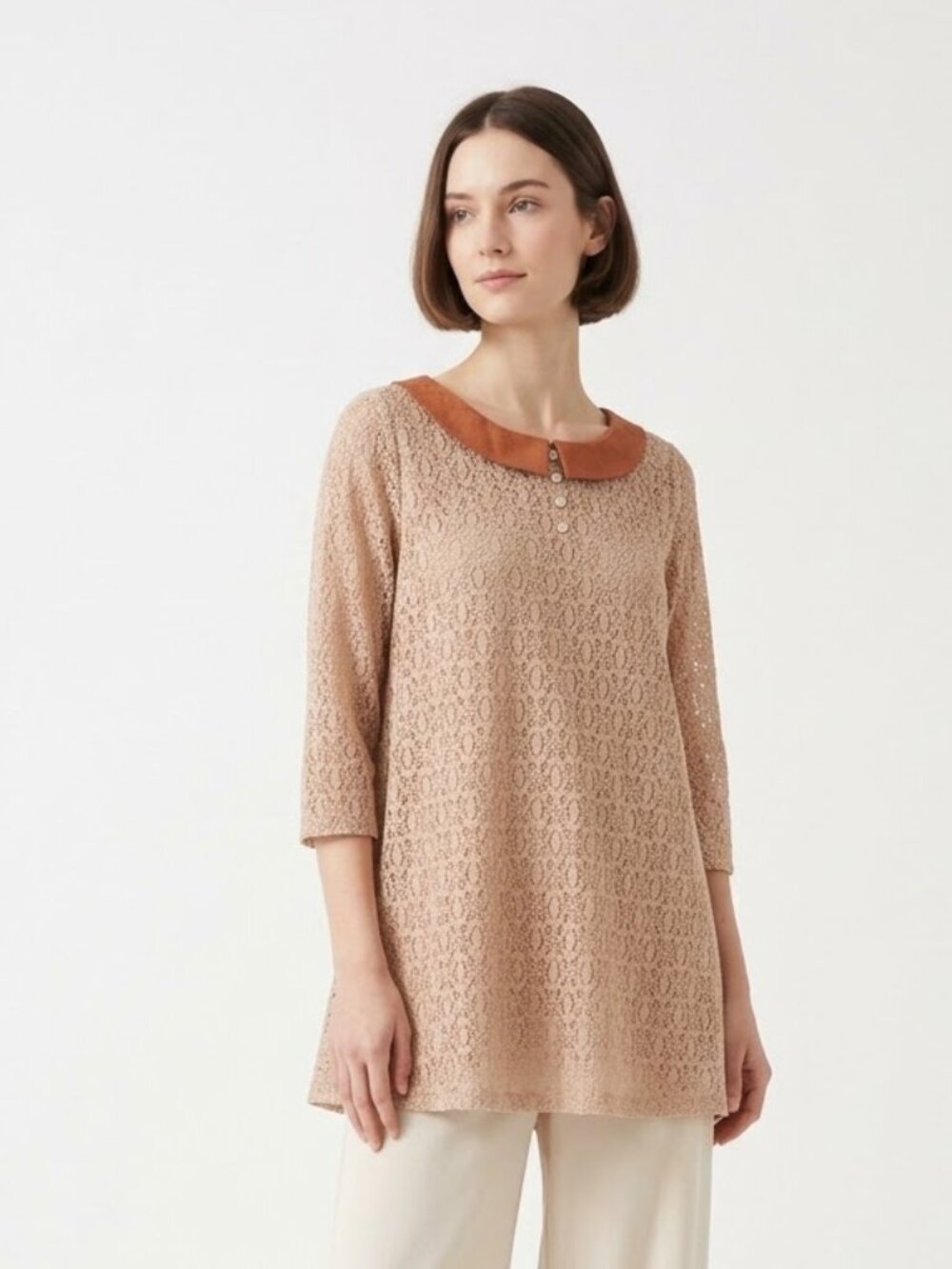 XXI Blouse Tan Lace Tunic Mod Retro Peter Pan Collar L